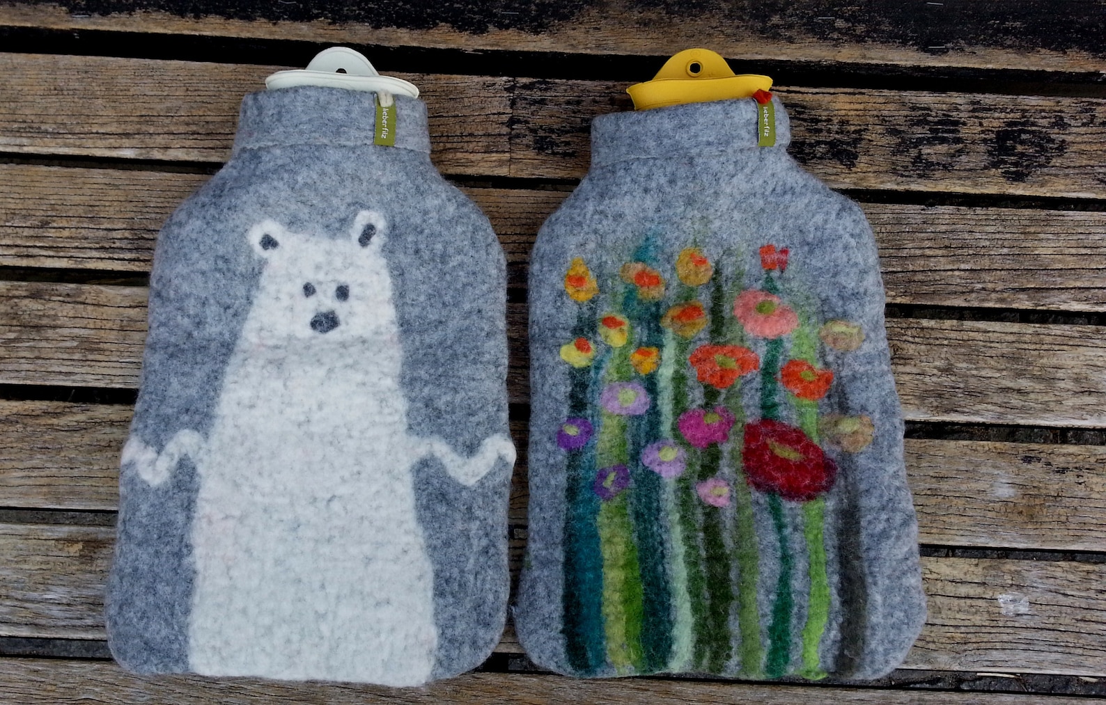 Hot water bottle with felted cover grass and flowers gray Etsy