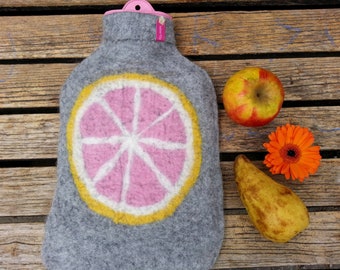 Hot water bottle with felted cover, slice of Pink Grapefruit