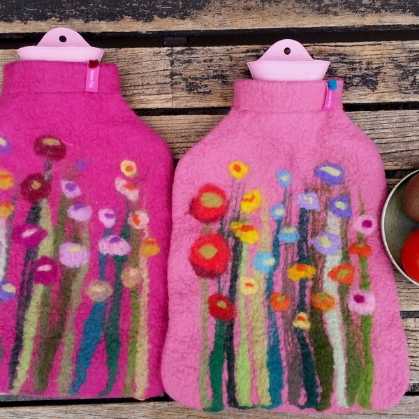 Hot water bottle with felted cover, grass and flowers, pink