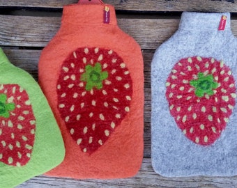 Hot water bottle with felted cover, strawberry