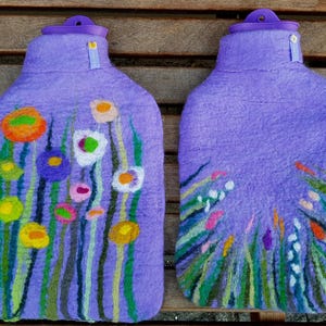Hot water bottle with felted cover, grass and flowers, Lavender
