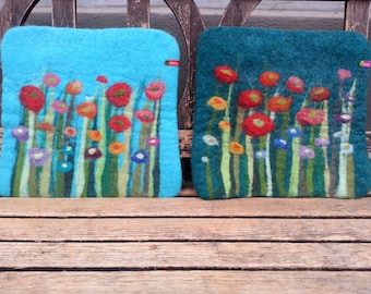 Handfelted Seat Cushion with flowers an grass, turquoise