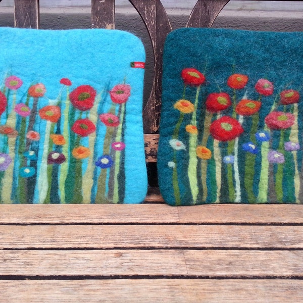 Handfelted Seat Cushion with flowers an grass, turquoise