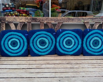 Handfelted Seat Cushion with coloured pattern mix on dark blue