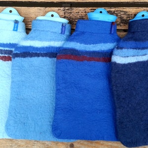 Hot water bottle with felted cover, stripes, blue