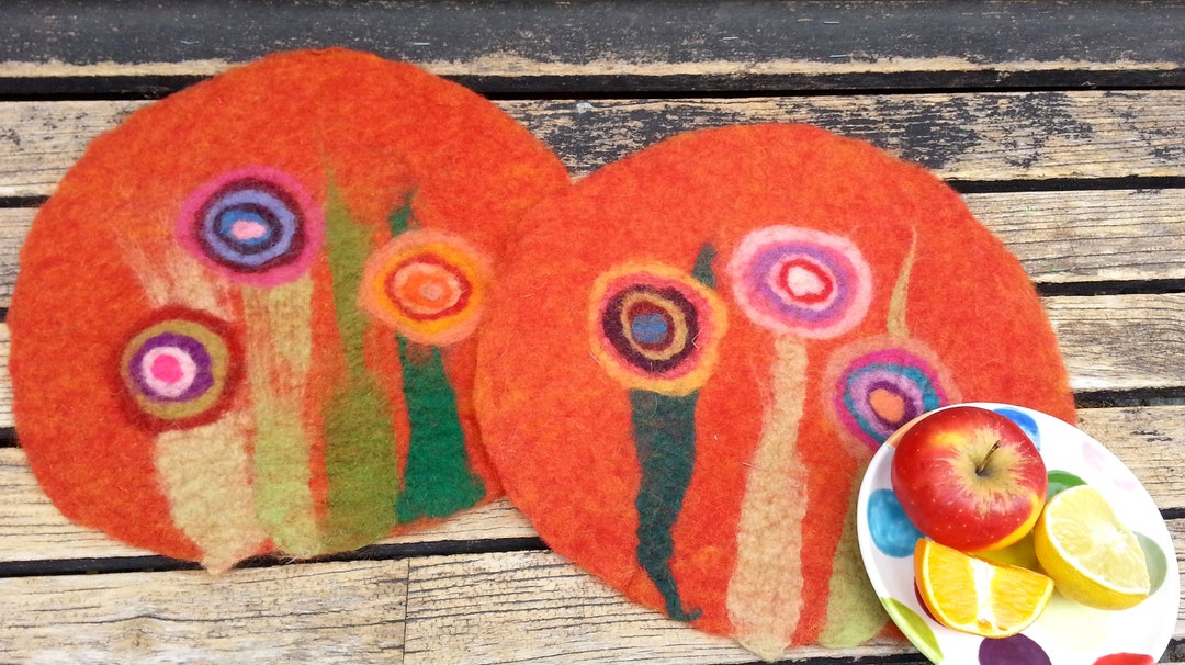 1 Felt Placemat With Big Flowers, Orange Etsy