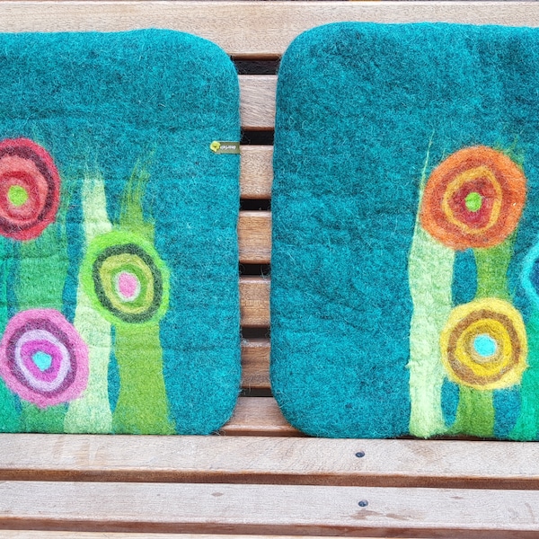 Handfelted Seat Cushion with big flowers, petrol + turquoise