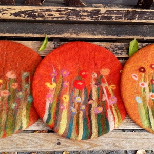 Handfelted Seat Cushion with flowers and grass, SUMMER, orange
