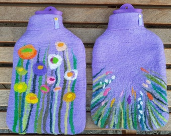 Hot water bottle with felted cover, grass and flowers, Lavender