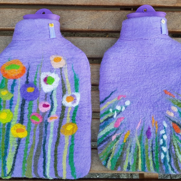 Hot water bottle with felted cover, grass and flowers, Lavender