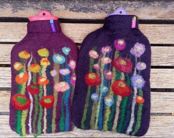 Hot water bottle with felted cover, grass and flowers, aubergine