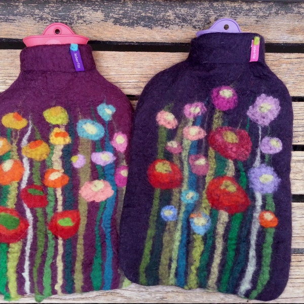 Hot water bottle with felted cover, grass and flowers, aubergine