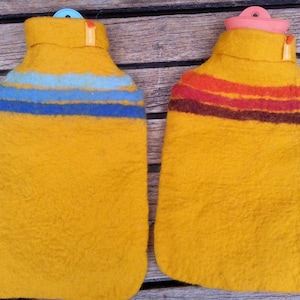 Hot water bottle with felted cover, stripes, orange and yellow