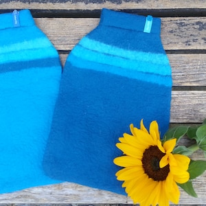 Hot water bottle with felted cover, stripes, turquoise