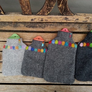 Hot water bottle with felted cover, coloured dots on gray