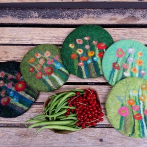 felt pot holder, grass and flowers, green