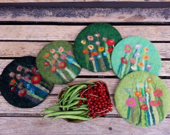 felt pot holder, grass and flowers, green