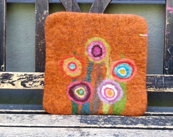 Handfelted Seat Cushion with big flowers, copper