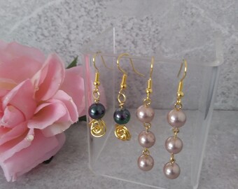 2 PAIRS of Shell Pearl drop earrings /Coffee pear earrings/Petrol Blue pearl earrings. Made in Scotland UK