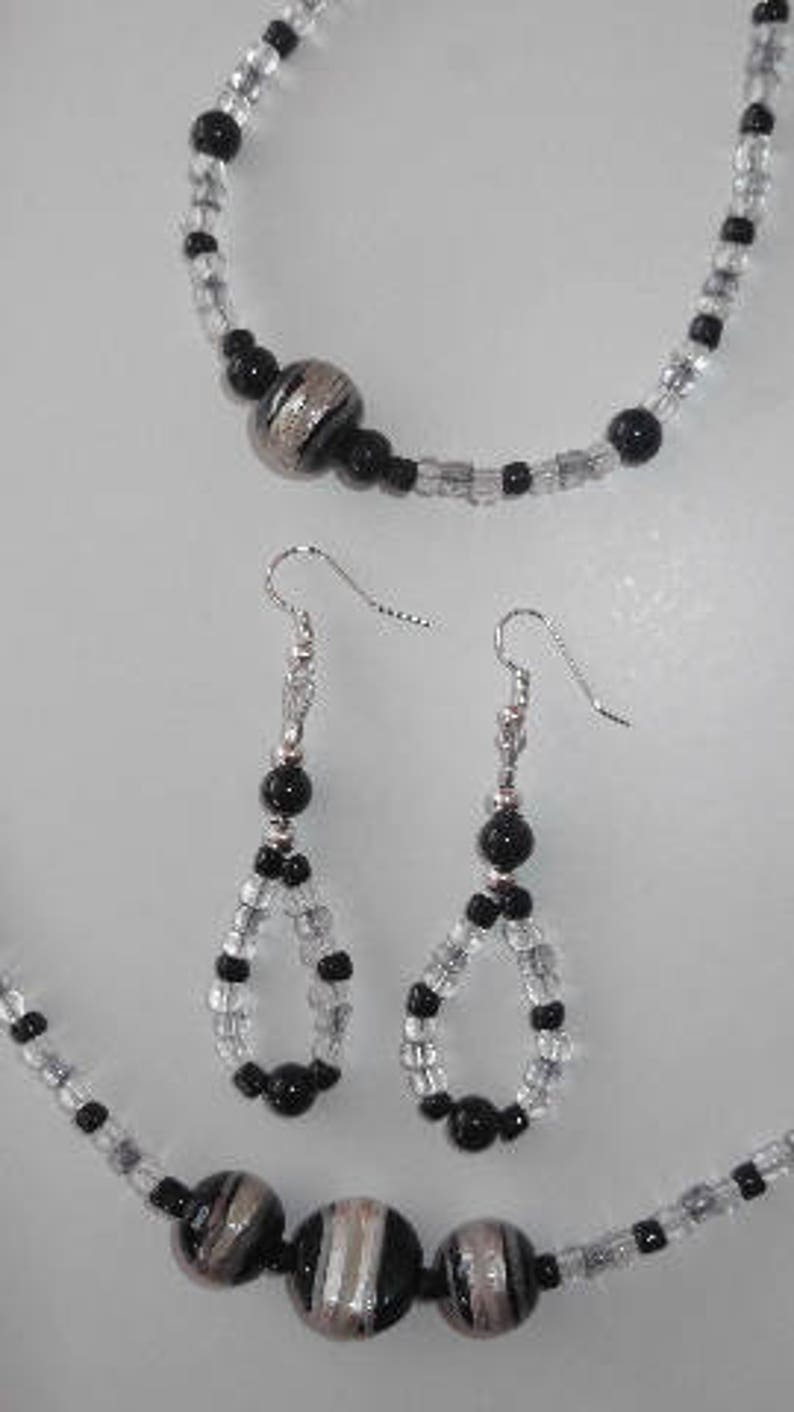 Black white and grey necklace earrings and bracelet Seed bead and glass beaded jewellery set Made in Scotland