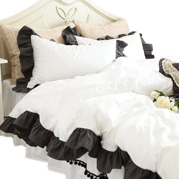 800tc Egyptian Cotton Black Edge Ruffle Duvet Cover Set White Etsy