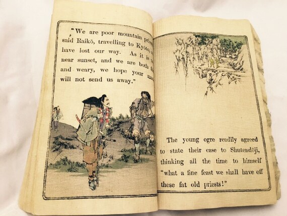 Antique Japanese Fairy Tale Series No 19明治廿四年 Meiji 24 1891 The Ogres Of Oyeyama Crepe Paper Wood Block Book - 