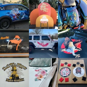 May include: A collage of images showcasing a variety of car decals and designs. The decals feature a cartoon bird, a pink bat, a floral design, a cartoon character wearing a top hat, and an eagle. The decals are applied to different vehicles, including a blue car, a white Jeep, a black car, and a white car.