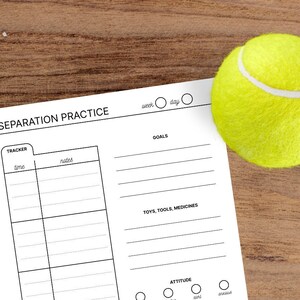 May include: A printable A5 separation training log for dogs. The log includes sections for tracking time, behaviour, goals, toys, tools, and attitude. A black and white border collie dog, a yellow tennis ball, and heart-shaped dog treats are on a wood background.