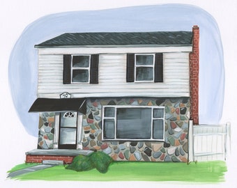Custom House Illustration | Hand-painted, Gouache, Ready to Frame, Wall Art