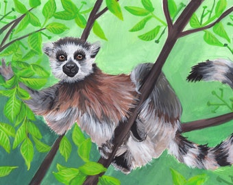 Hand-painted Ring-Tailed Lemur, Digital Download, Wall Art Print, Digital Print, Printable Wall Art