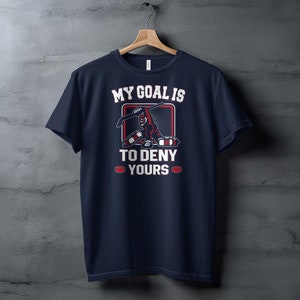 Hockey Short Sleeve T-Shirt - My Goal Is to Deny Yours Goalie Mask | Black, YL, Unisex | ChalkTalkSPORTS
