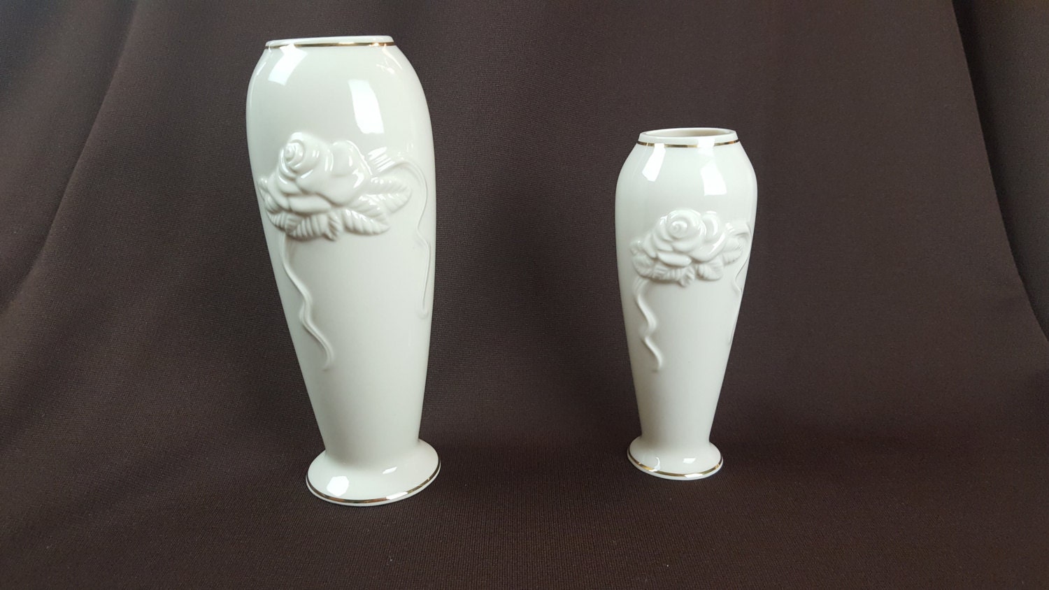 LENOX VASES SET of Three 2 Porcelain Embossed Rose Roses Ribbon Gold