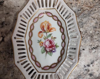 Dresden style gdr porcelain floral hand painted eyelet dish small coin keys etc