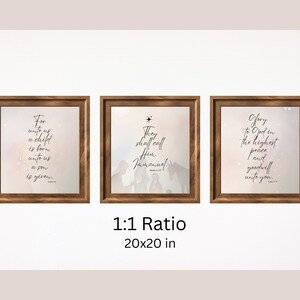 May include: Three framed prints with a white background and brown frames. The prints feature Christmas-themed text and imagery. The text on the prints reads: "For unto us a child is born unto us a son is given...", "They shall call Him Immanuel", and "Glory to God in the highest peace and goodwill unto you".