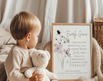 Personalized Baptism Poem Print – Custom Name, Date & Church – Baby Christening Wall Art – Floral Nursery Decor