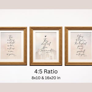 May include: Three framed prints with a white background and gold frames. The prints feature Christmas-themed text and imagery. The text on the prints reads "For unto us a child is born unto us a son is given", "They shall call him Immanuel", and "Glory to God in the highest peace and goodwill unto you". The prints are available in two sizes: 8x10 inches and 16x20 inches.