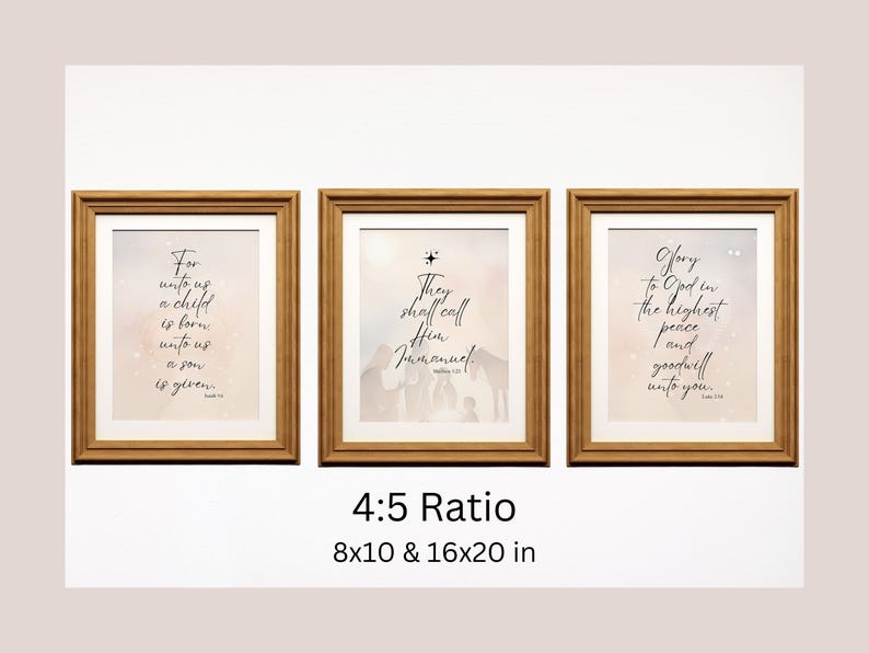 May include: Three framed prints with a white background and gold frames. The prints feature Christmas-themed text and imagery. The text on the prints reads "For unto us a child is born unto us a son is given", "They shall call him Immanuel", and "Glory to God in the highest peace and goodwill unto you". The prints are available in two sizes: 8x10 inches and 16x20 inches.