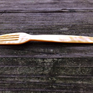 May include: A plastic fork with a light brown and white marbled pattern. The fork is lying on a dark brown wooden surface.