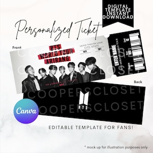 Op de afbeelding: Een digitaal ticket-sjabloon met een zwart-witfoto van de muziekgroep BTS. De voorzijde toont de tekst BTS WORLD TOUR ARIRANG, tijdelijke aanduidingen voor evenementgegevens en een streepjescode. De achterzijde toont het BTS-logo op een zwarte achtergrond.