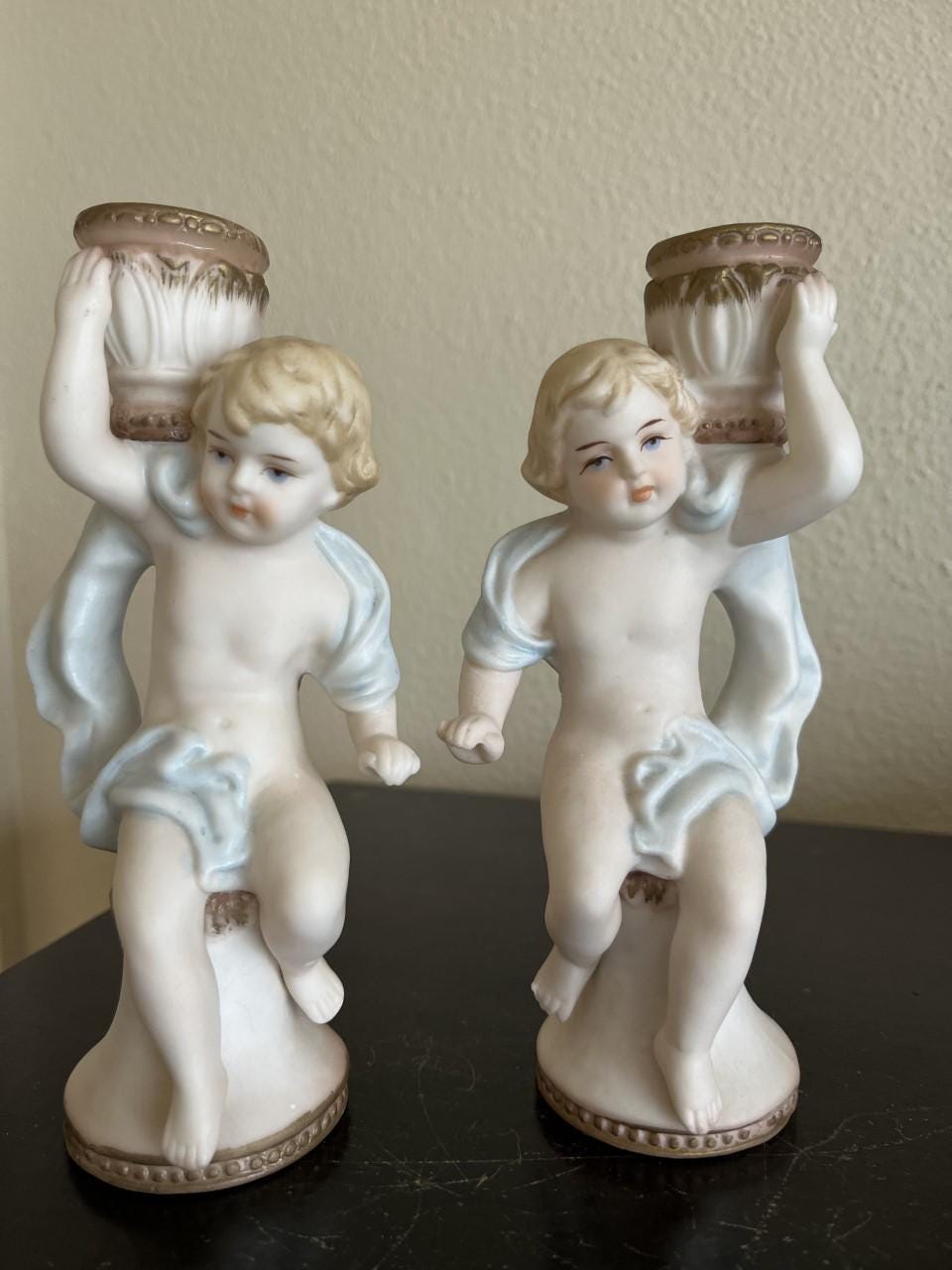 Vintage Matching Pair Norcrest Bisque Porcelain Cherub Candle