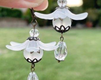 Frosted White Jasmine Lucite Flower and Sea Glass Earring