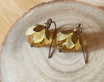 Autumn Flower Yellow Frosted Lucite Flower Dangle Earrings