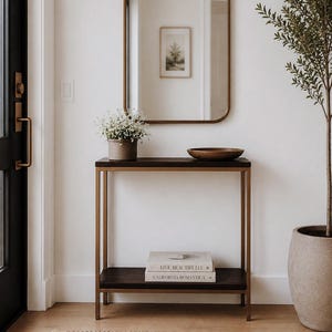 HANDMADE | Slender Two Tier Accent Table | Narrow Entryway Table, Wood + Steel Frame (29x8x29.75")