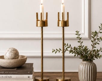 VINTAGE | RARE Mid Century Brutalist Brass Candlesticks | Set of Two Modernist Candle Holders