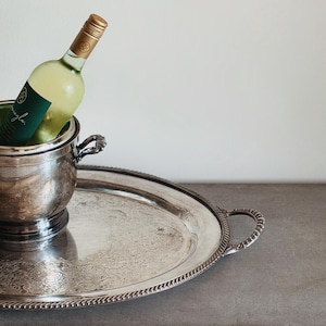 VINTAGE | Wm Rogers Silver Plated Serving Tray | Etched Oval Bar Platter with Handles