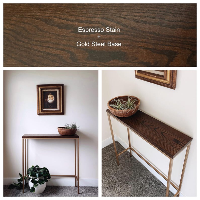 May include: A rectangular console table featuring a dark brown wood top with an espresso stain and a slim gold-colored steel frame base. The text Espresso Stain + Gold Steel Base is visible above the table in the top section of the image.