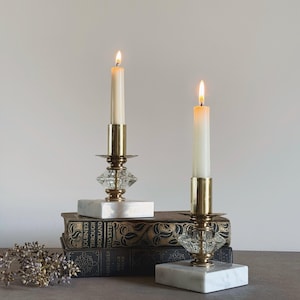 VINTAGE | pair of brass marble and glass candle holders | mid century glam | regency candle holders | set of two vintage candle holders