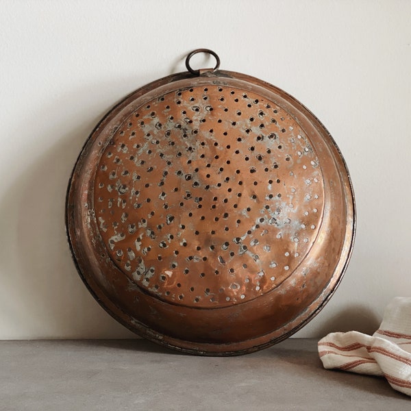 VINTAGE | large copper colander | European farmhouse kitchen |  antique rustic tinned copper pan