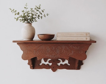 VINTAGE | Hanging Wood Wall Shelf | Modern Folk Shelf with Hidden Drawer and Plate Slot