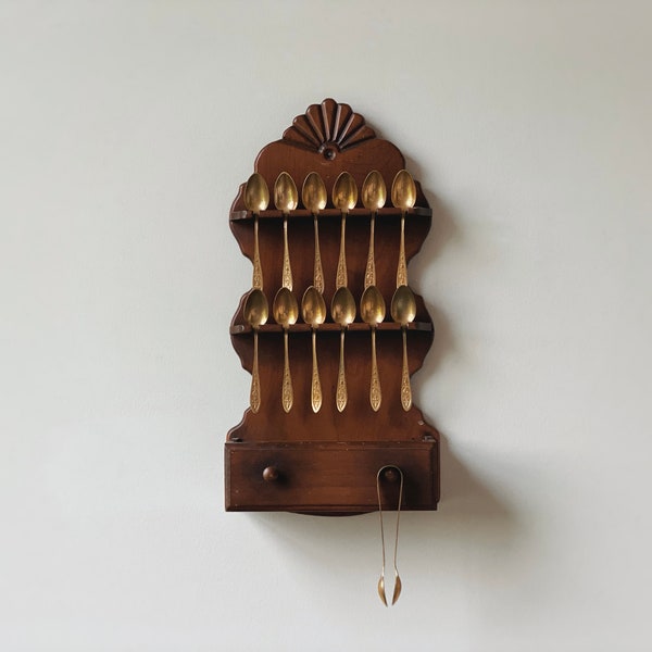 VINTAGE | Swedish brass spoon wood wall rack | set of small brass spoons | wall mounted spoon rack | antique brass coffee or tea spoons